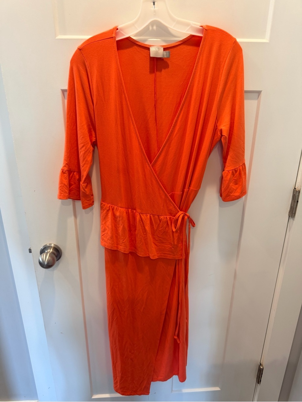 ASOS Orange Faux Wrap Midi Dress Ruffle Hem Bell Sleeve Size 10